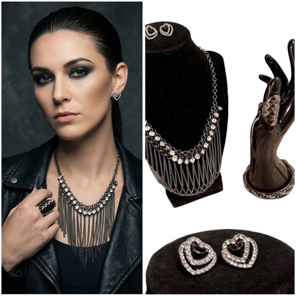 JFH Jewelry - Jewelry Bundle (4) Necklace, Bangle, Stretchy Ring & Double Heart Earrings Set
